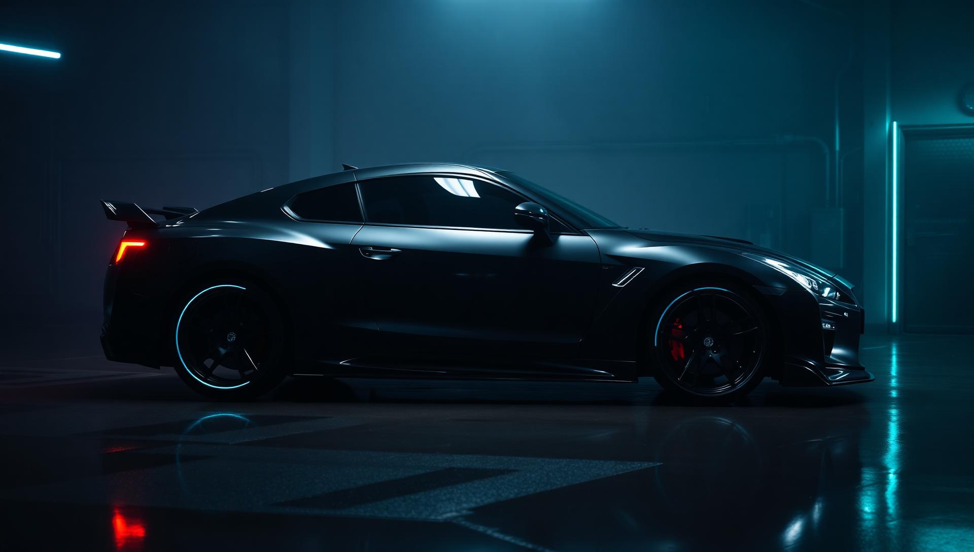 Tinted black sports car in moody garage